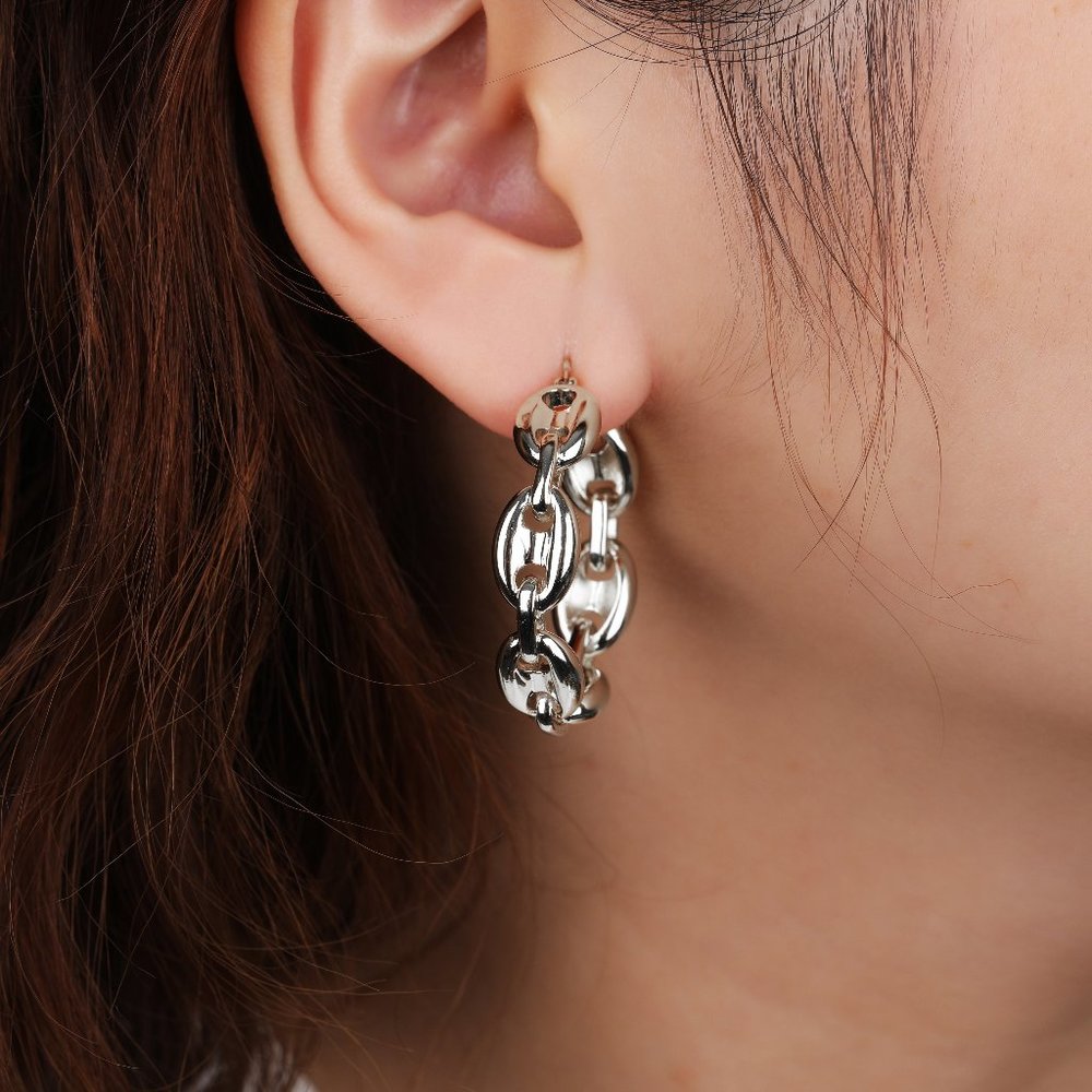 White Gold Plated Trendy Puffed Mariner Hoop Earrings